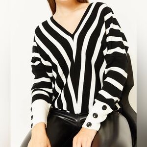 3 for $15 Striped V-Neck Sweater - Black and White Off the Shoulder Chic Preppy